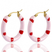 Stainless steel earrings creole enamel 26mm Soft Light Pink Red-Gold