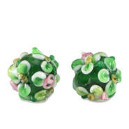 Hand-painted Glass beads flower Green-White