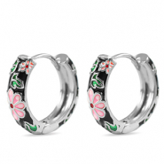 Brass TQ metal creole with enamel flower Silver-Black Pink