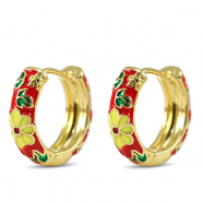 Brass TQ metal creole with enamel flower Gold-Red Yellow