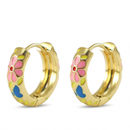 Brass TQ metal creole with enamel flower Gold-Pink Yellow