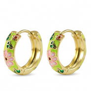 Brass TQ metal creole with enamel flower Gold-Pink Yellow