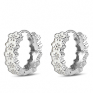 Brass TQ metal creole with enamel flower Silver-White