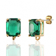 Crystal Glass earrings / earpins with loop rectangle Green-Gold