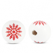 Wooden beads round 16mm snowflake White-Red