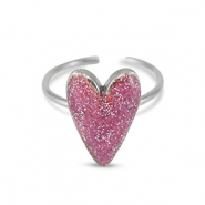 Stainless steel rings enamel heart glitter Vermilion pink-Silver