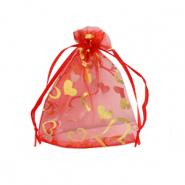 Jewellery Organza Bag 7x9cm heart Red-gold