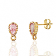 Crystal Glass earrings / earpins with loop drop Pink-Gold