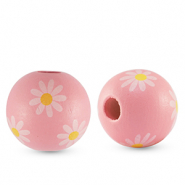 Wooden beads round 16mm flower Light pink
