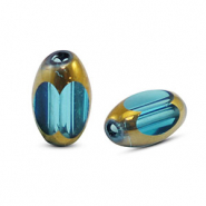 Oval glass beads Blue Transparent-Gold