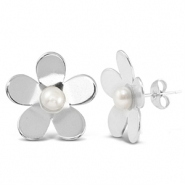 Stainless steel earrings / earpins pearls flower Silver