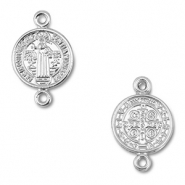 Metal charms connector round with saint Silver