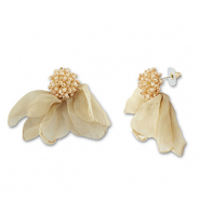 Trendy earrings/earpin chiffon flower Beige Brown-Gold