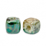 DQ greek ceramic beads cube 8mm Peacock Green-Beige Brown