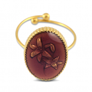 Stainless steel rings enamel oval with flower Gold-Amethyst