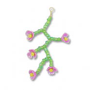 Glass seed beads charms flower Transparent Green-Lilac AB-Yellow