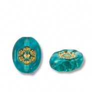 Acrylic beads oval with flower Teal Blue-Gold