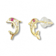 Brass TQ metal earrings / earpins dolphin Gold-Dark Pink