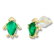 Brass TQ metal earrings / earpins turtle Gold-Green