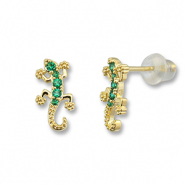 Brass TQ metal earrings / earpins lizard Gold-Green