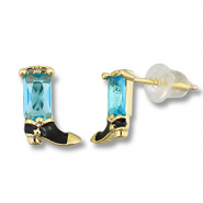 Brass TQ metal earrings / earpins cowboy boot Gold-Light Blue
