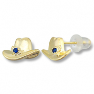 Brass TQ metal earrings / earpins cowboy hat Gold-Dark Blue