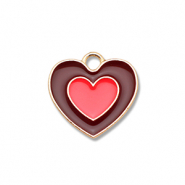Metal charms enamel heart Gold-Brown-Coral Red