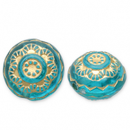 Acrylic beads round with flower Teal Blue-Gold