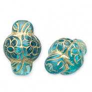 Acrylic beads oval with flower Teal Blue-Gold