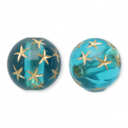 10 mm acrylic beads round with stars Teal Blue-Gold