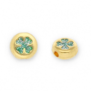 DQ European metal beads round with clover Gold-Glitter Turquoise (Nickelfree)