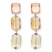 Crystal glass earrings / earpins rectangle Pink-Amber Orange-Sand Beige