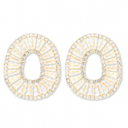 Eco-brass&reg; metal earrings / earpins with zirconia oval Gold-Crystal