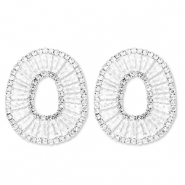 Eco-brass&reg; metal earrings / earpins with zirconia oval Silver-Crystal
