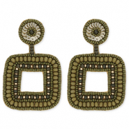 Trendy earrings / earpin with glass beads square Olive Green