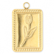 Stainless steel charms rectangle with tulip Gold