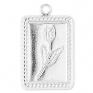 Stainless steel charms rectangle with tulip Silver