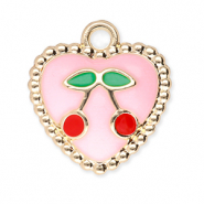 Metal charms heart with cherries Gold-Light Pink-Red-Green