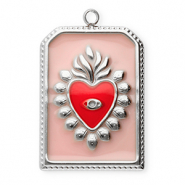 Stainless steel charms rectangle with heart Silver-Vintage Pink-Red