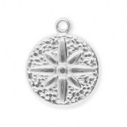 Stainless steel charms round with flower Silver
