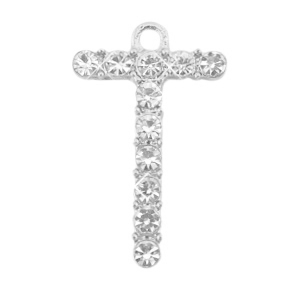 Metal rhinestone charms initial T Antique Silver