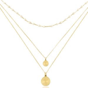 Stainless steel necklaces 3 layer coin & pearl Gold