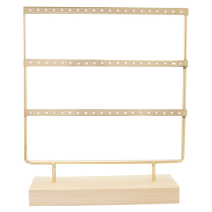 Jewellery display three rows for earrings with wooden standard Natural-Gold
