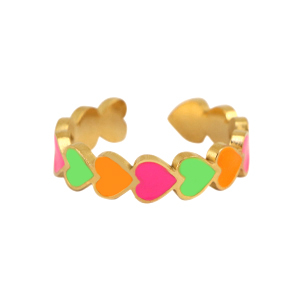 Stainless steel rings enamel heart Neon Multicolour-Gold