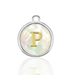 Stainless steel charms 12mm shell initial P White (natural colour)-Silver