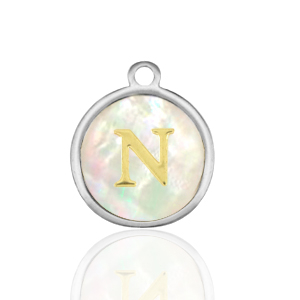 Stainless steel charms 12mm shell initial N White (natural colour)-Silver