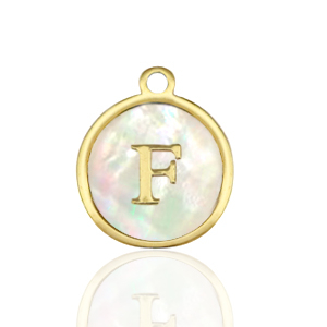 Stainless steel charms 12mm shell initial F White (natural colour)-Gold