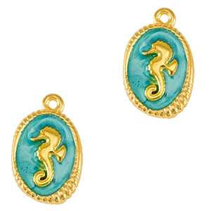 DQ European metal charms seahorse Gold-Turquoise Blue (nickel free)