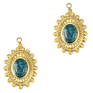 Stainless steel charms oval with natural stone Gold-Marble Blue