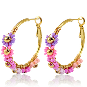 Stainless steel earrings creole flower 35mm Gold-Pink Purple